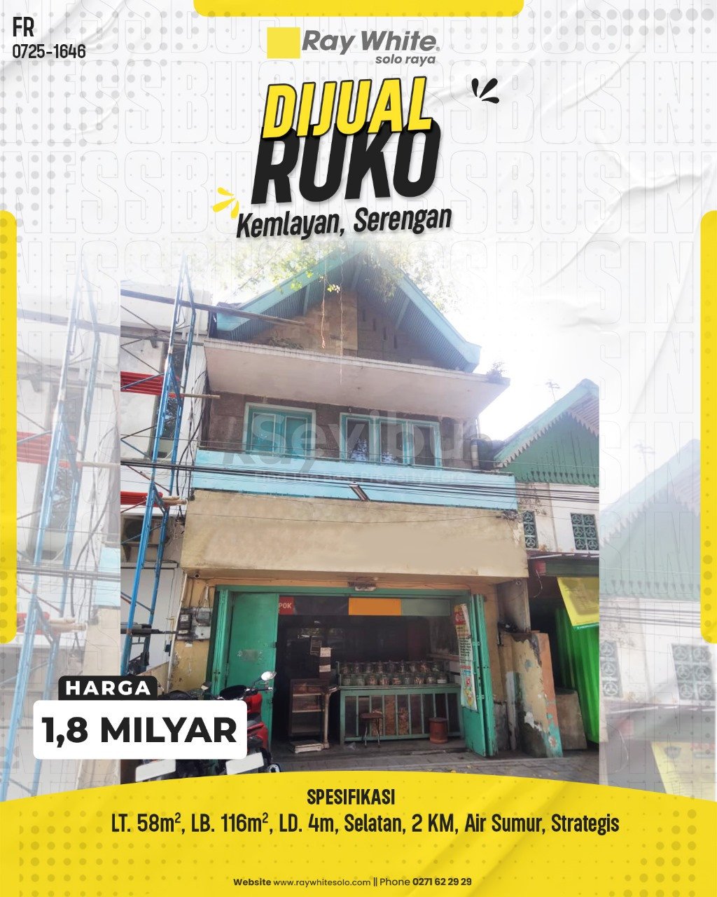 1646. Fredy-Ruko Jual Kemlayan Serengan Surakarta. SHM 658. HRg 1,8 Milyar