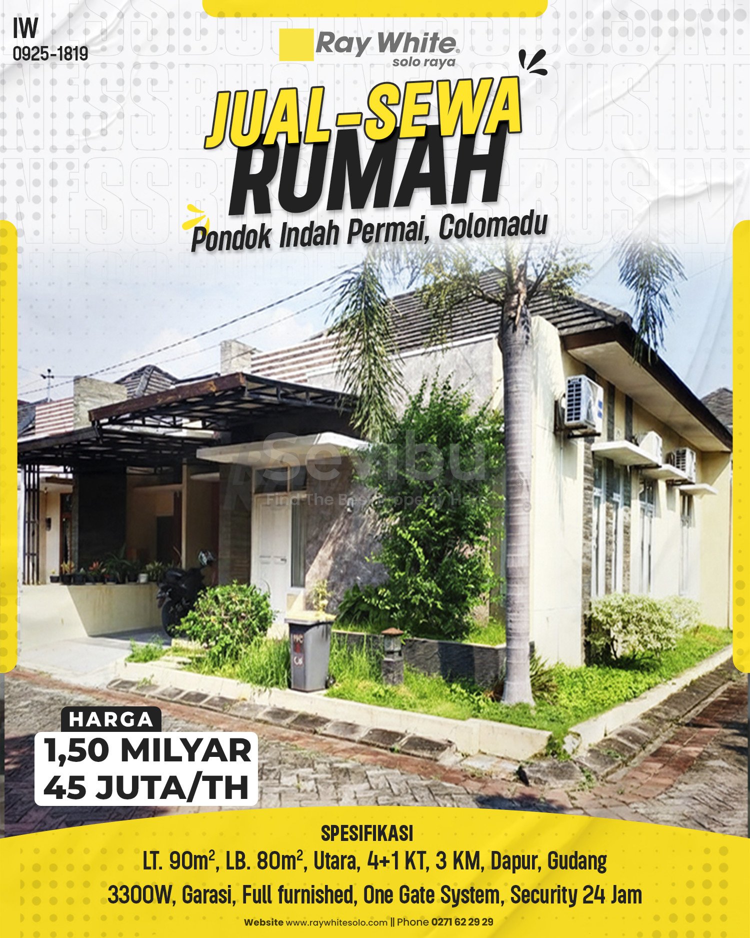 1819. Iwan-Rumah jual Sewa Perumahan Pondok Indah Permai Colomadu Karanganyar. HRg 1,50M; 45 Juta per Th(pralisting)