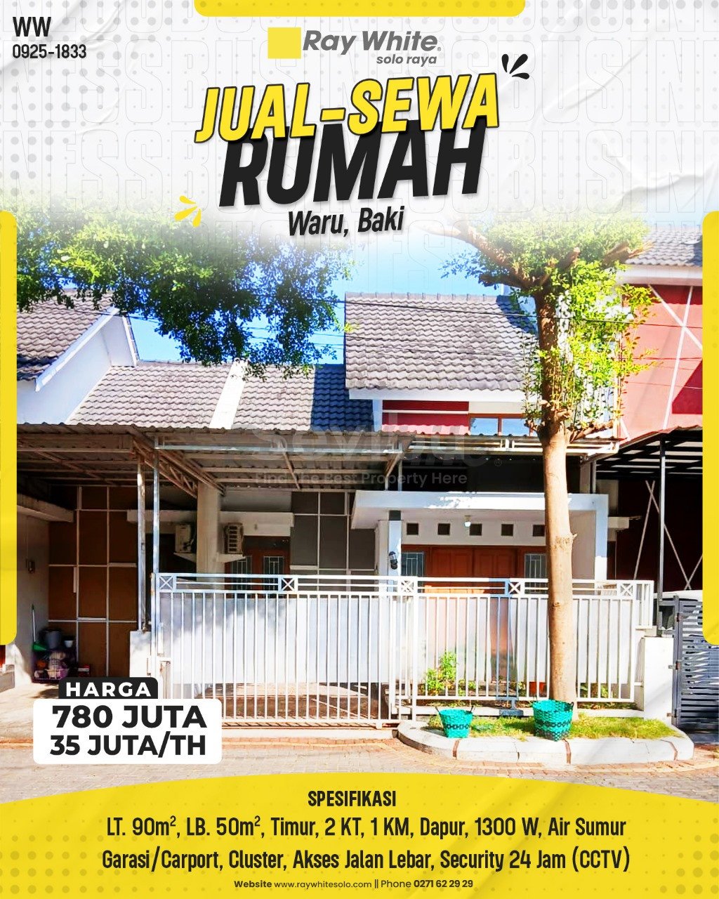 1833. Winny-Rumah Jual Sewa Perum Safira Waru Baki Sukoharjo. HRg 780 Juta; 35Jt per th (pralisting)