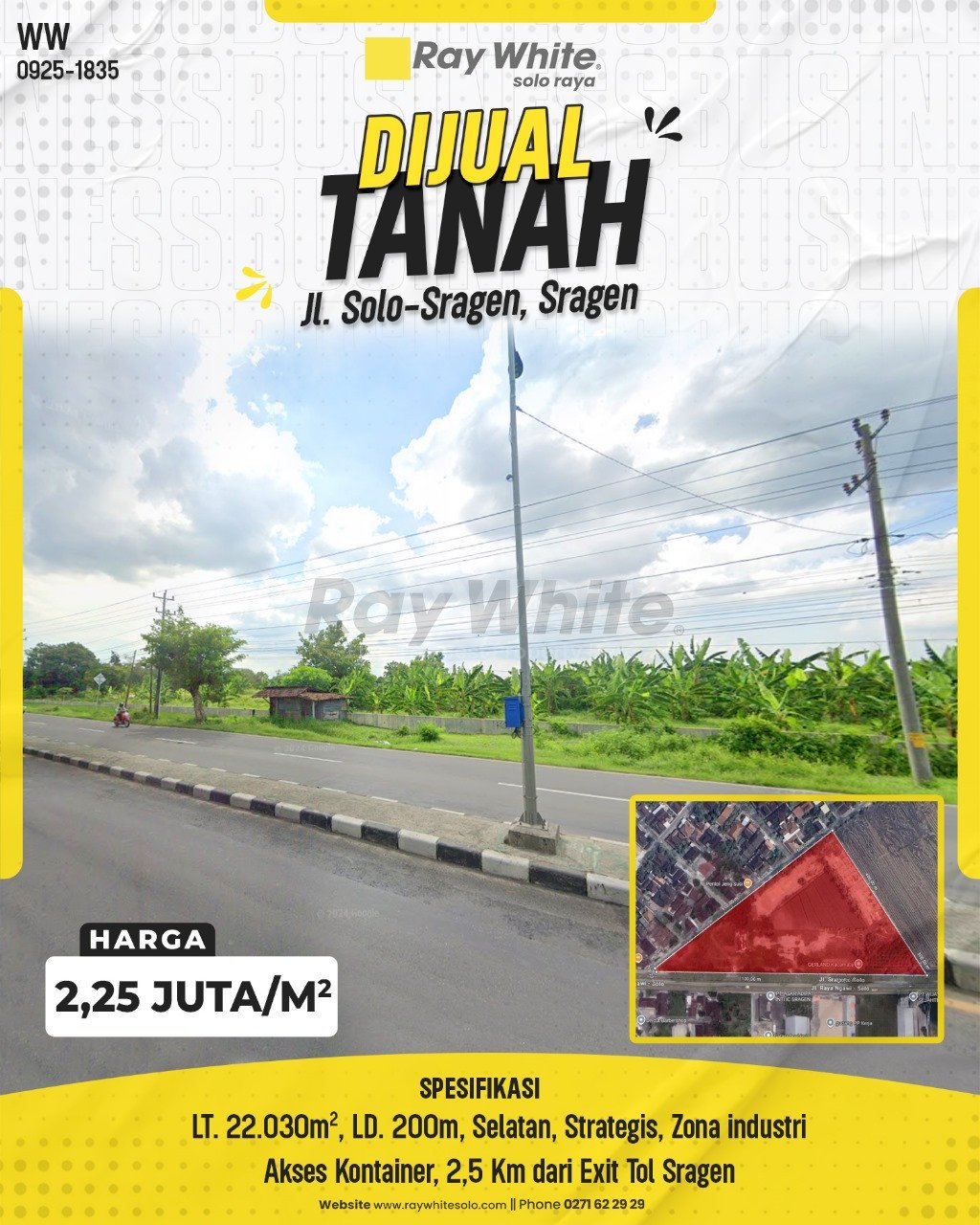 1835. Winny-Tanah Jual Jl. Solo-Sragen Duyungan Sragen. HRg 2,25 Juta per m2(pralisting)