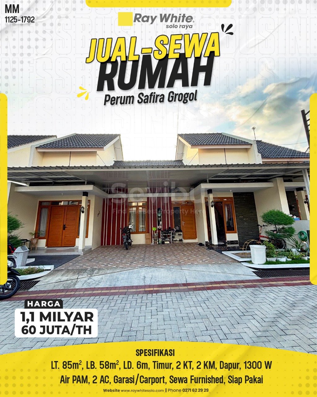1792. Meme-Rumah Jual Sewa Perum Safira Grogol Telukan Grogol Sukoharjo. SHGB 1150. HRg 1,1 Milyar; 60 Juta per Th