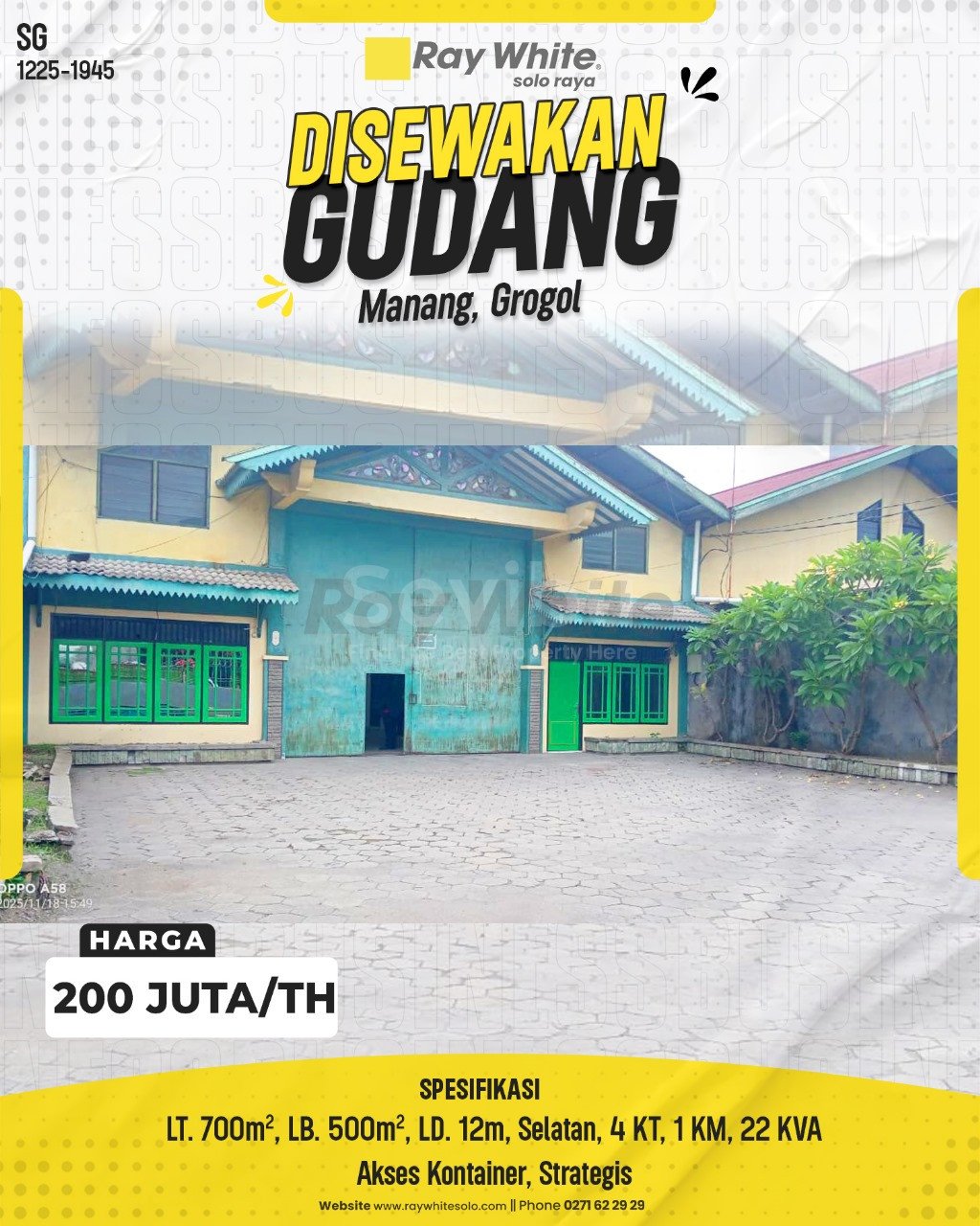 1944. Sugiman-Gudang Sewa Manang Grogol Sukoharjo. HRg 200 Juta per th (pralisting)