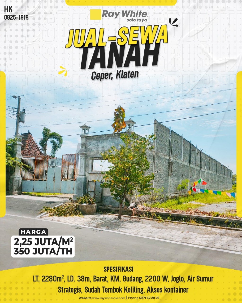 1818. Hok-Tanah Jual Sewa Jambukulon Ceper Klaten. HRg 2,250 Juta per m2; 350 Juta per Th(pralisting)