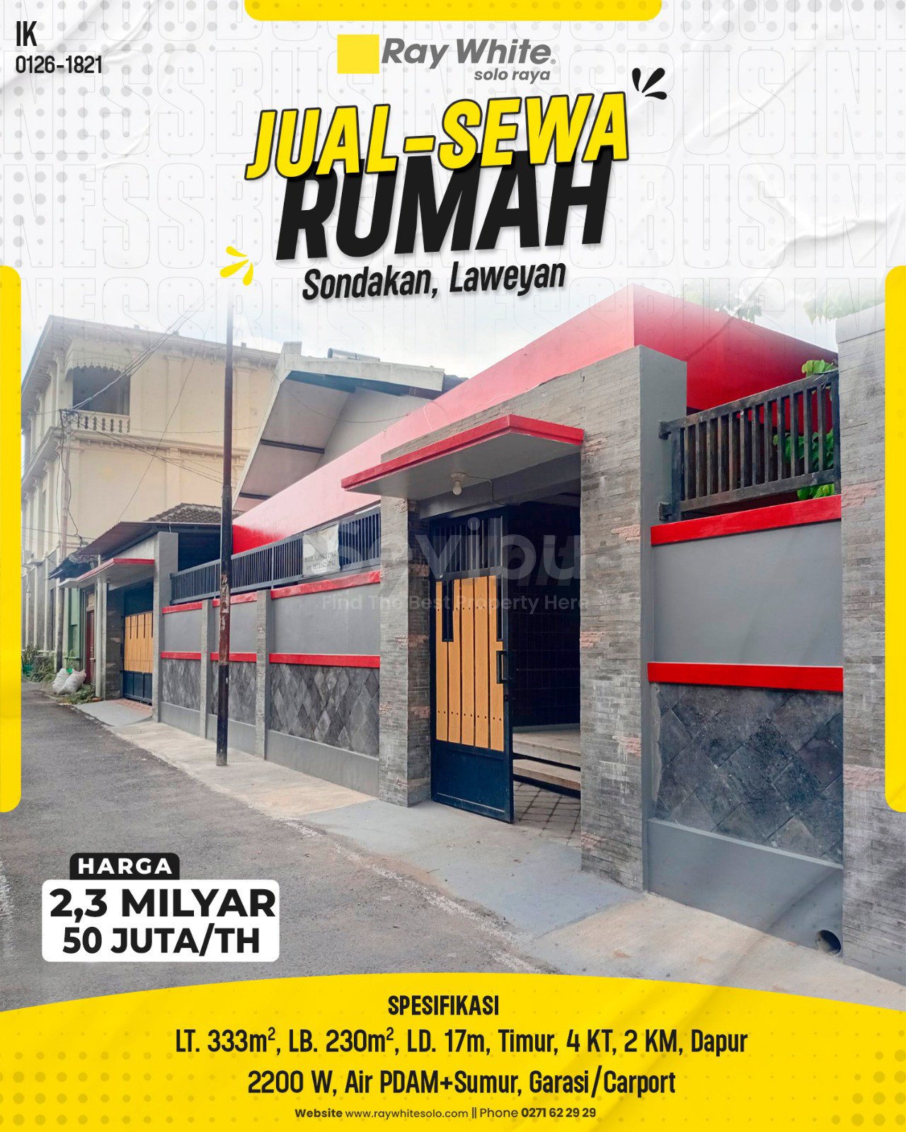 1821. Ika-Rumah Jual Sewa Jl. Parang Parung Sondakan Laweyan Surakarta. SHM 3454. HRg 2,3 Milyar; 50Juta per Th