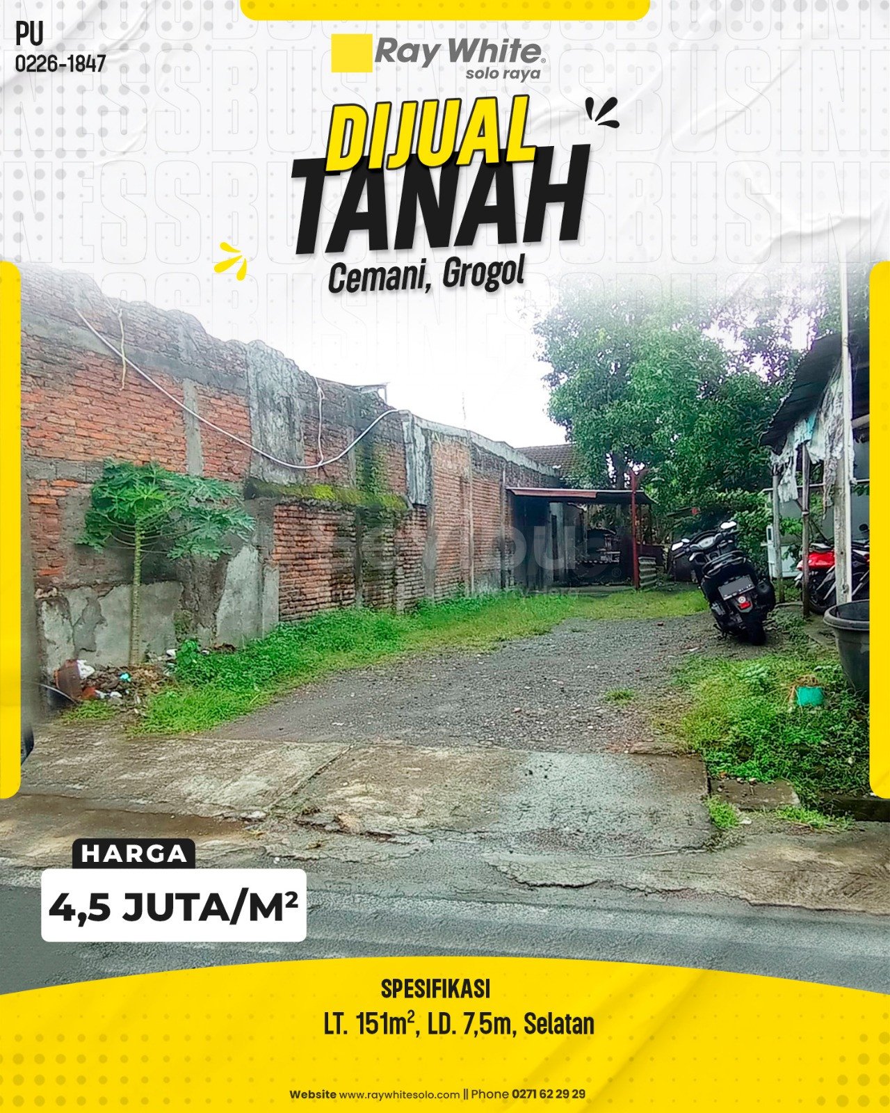 0226-1847. Purwanti -Tanah Jual Jl. Kademangan 1 Cemani Grogol Sukoharjo. SHM 8751. HRg 4,5 Juta per m2
