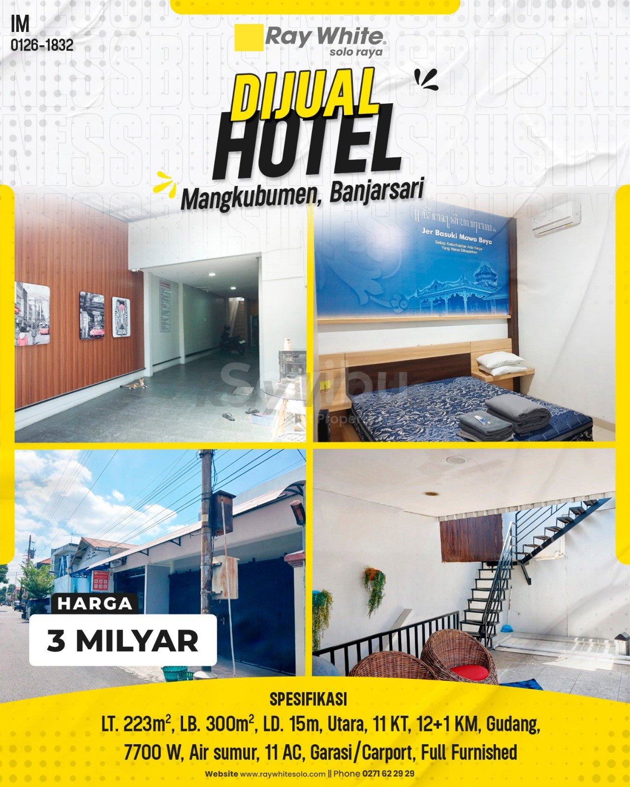 1832. Imam-Hotel Jual Jl. Cocak Mangkubumen Banjarsari Surakarta. SHM NIB.11.02.000007788.0. HRg 3 Milyar