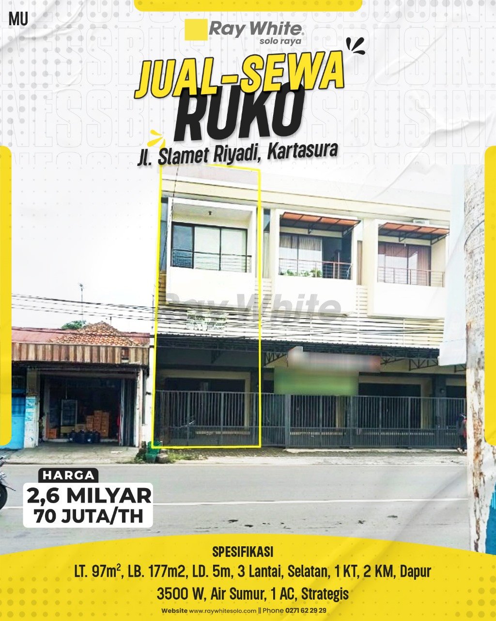 Muhammad-Ruko jual sewa jl. slamet riyadi kartasura sukoharjo. HRg 2,6M; 70Jt per th