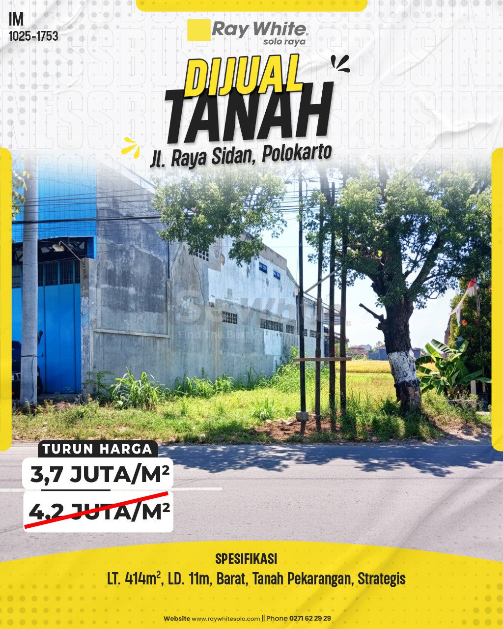 1753. Imam-Tanah Jual Jl. Raya Sidan Wonorejo Polokarto Sukoharjo. SHM 1830. HRg 4,2 Juta per m2 turun jd 3,7Jt per m2