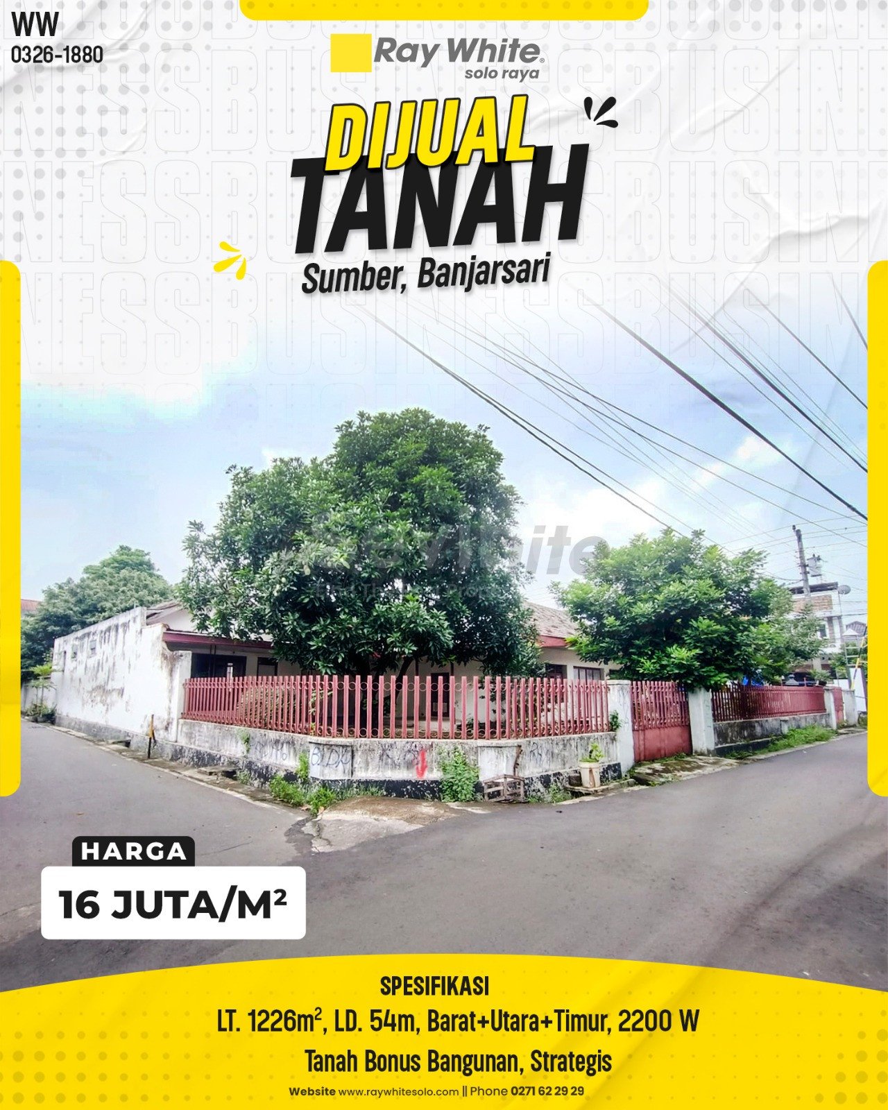 1880. Winny-Tanah Jual Jl. Letjend Suprapto Sumber Banjarsari Surakarta. SHM NIB.007826.0. HRg 16 Juta per m2