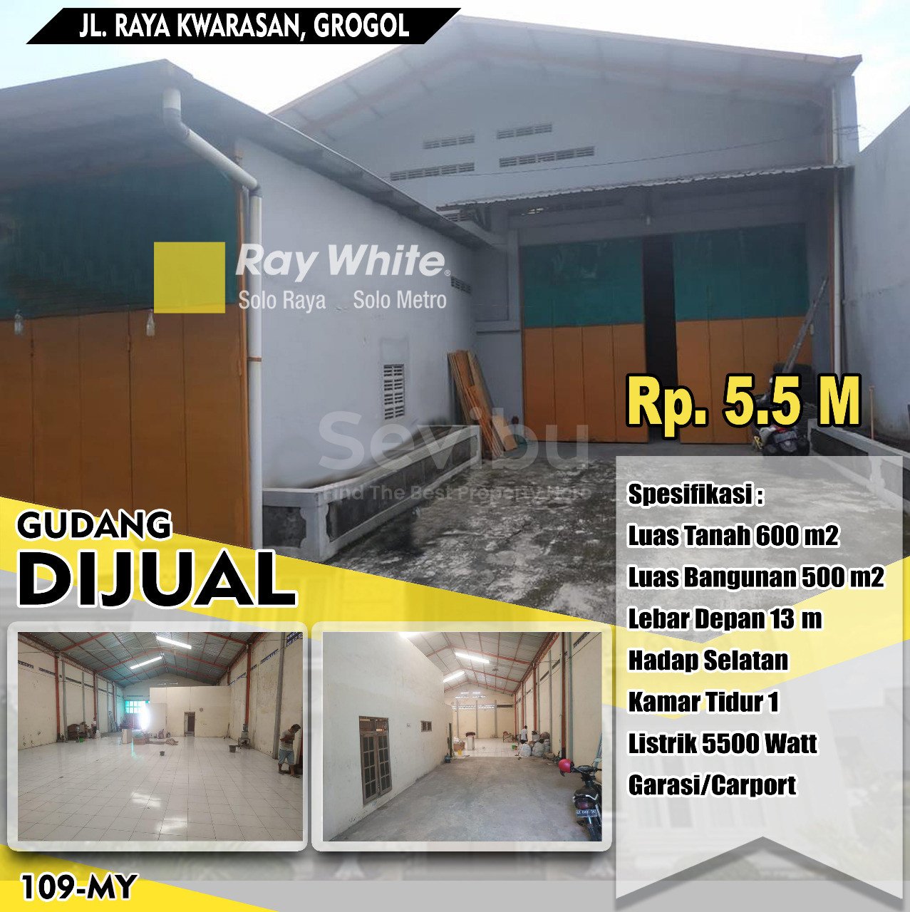 Myra-Gudang jual Jl. Raya kwarasan gedangan grogol sukoharjo. Hrg 5,5M (pra listing)